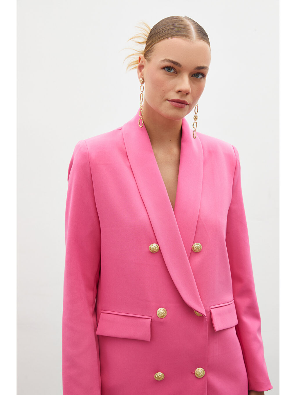 SATEEN Düğme Detaylı Kruvaze Ceket - Pembe - 4