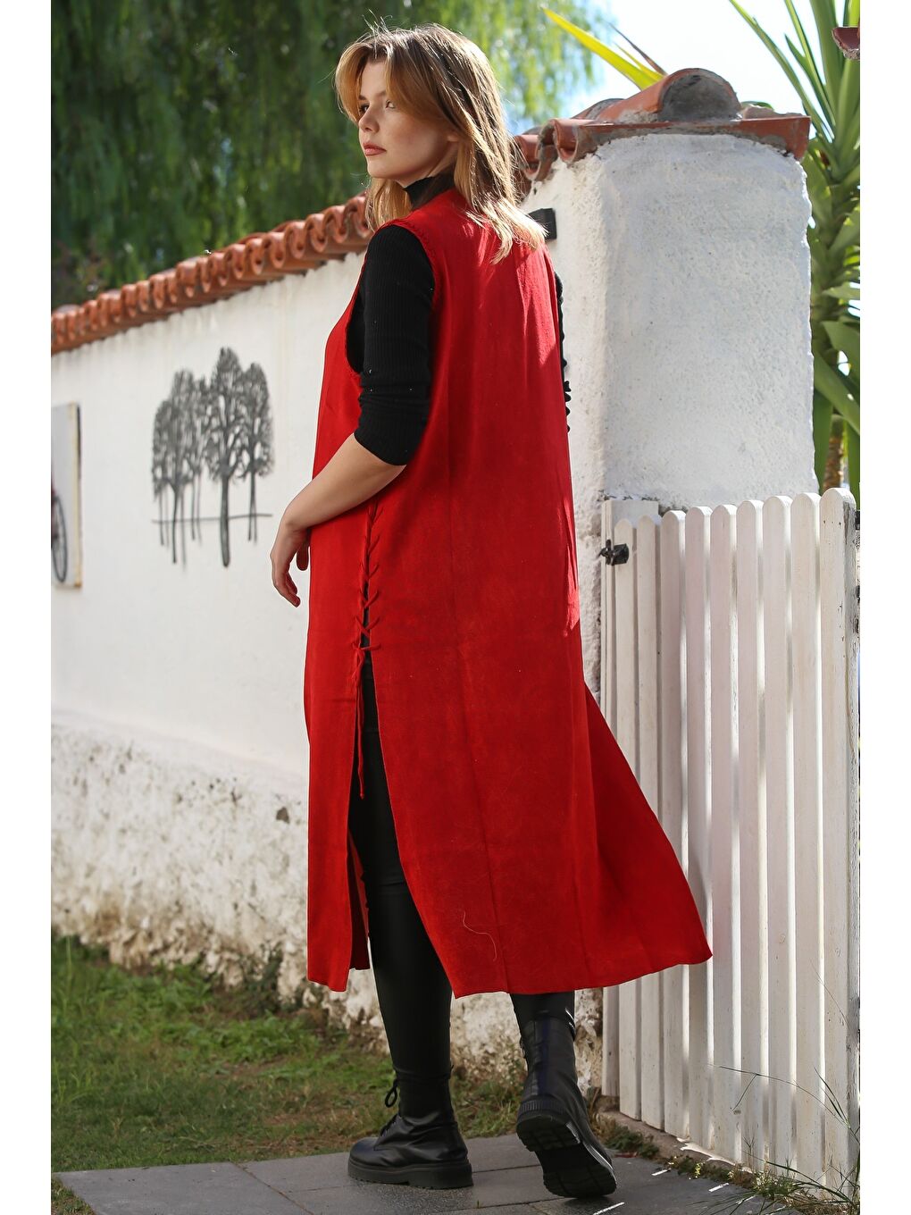 Kırmızı V Yaka Kolsuz Yanları Bağlamalı Casual Uzun Triko Yelek 118 75-1