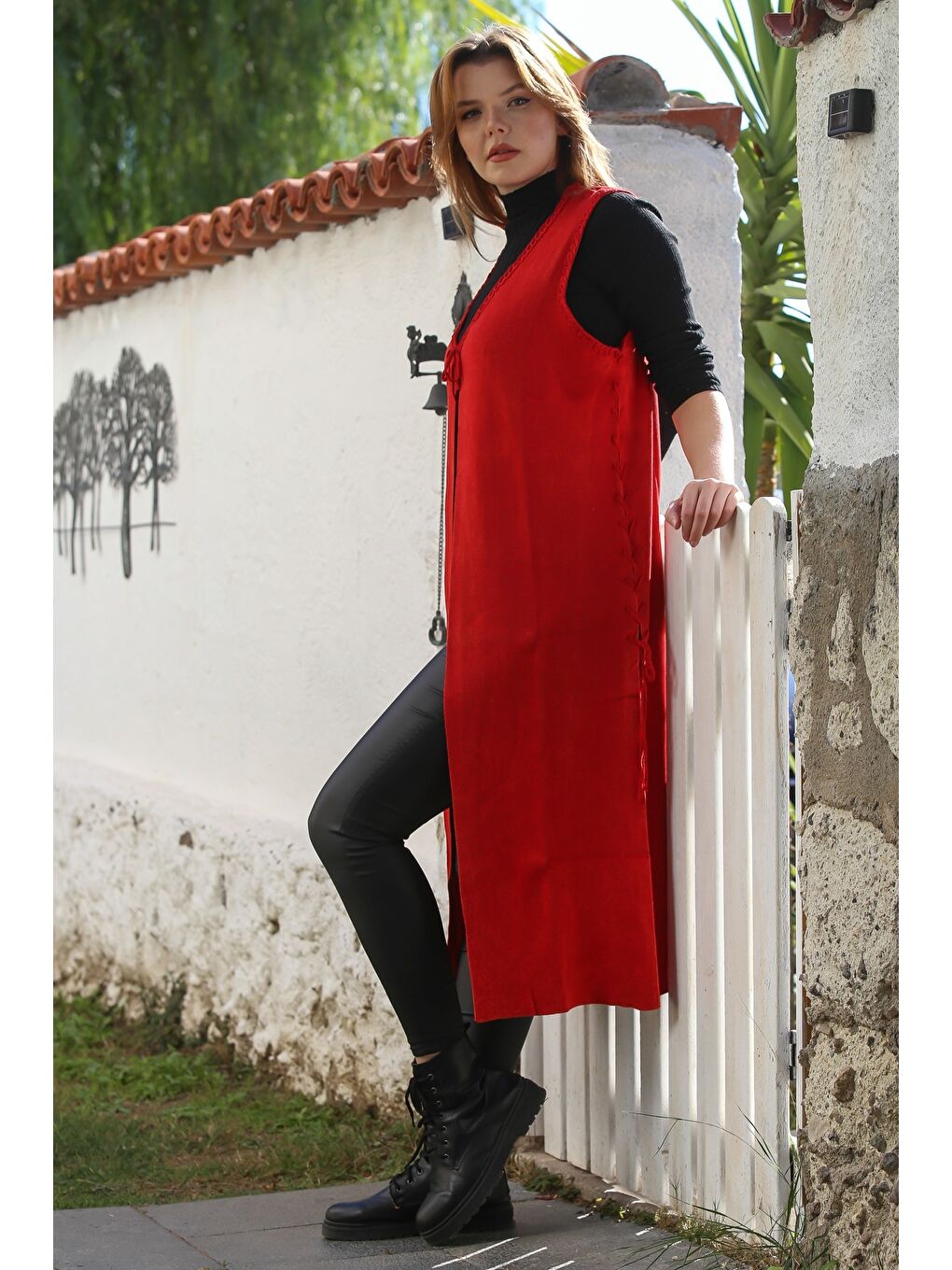 Kırmızı V Yaka Kolsuz Yanları Bağlamalı Casual Uzun Triko Yelek 118 75-2