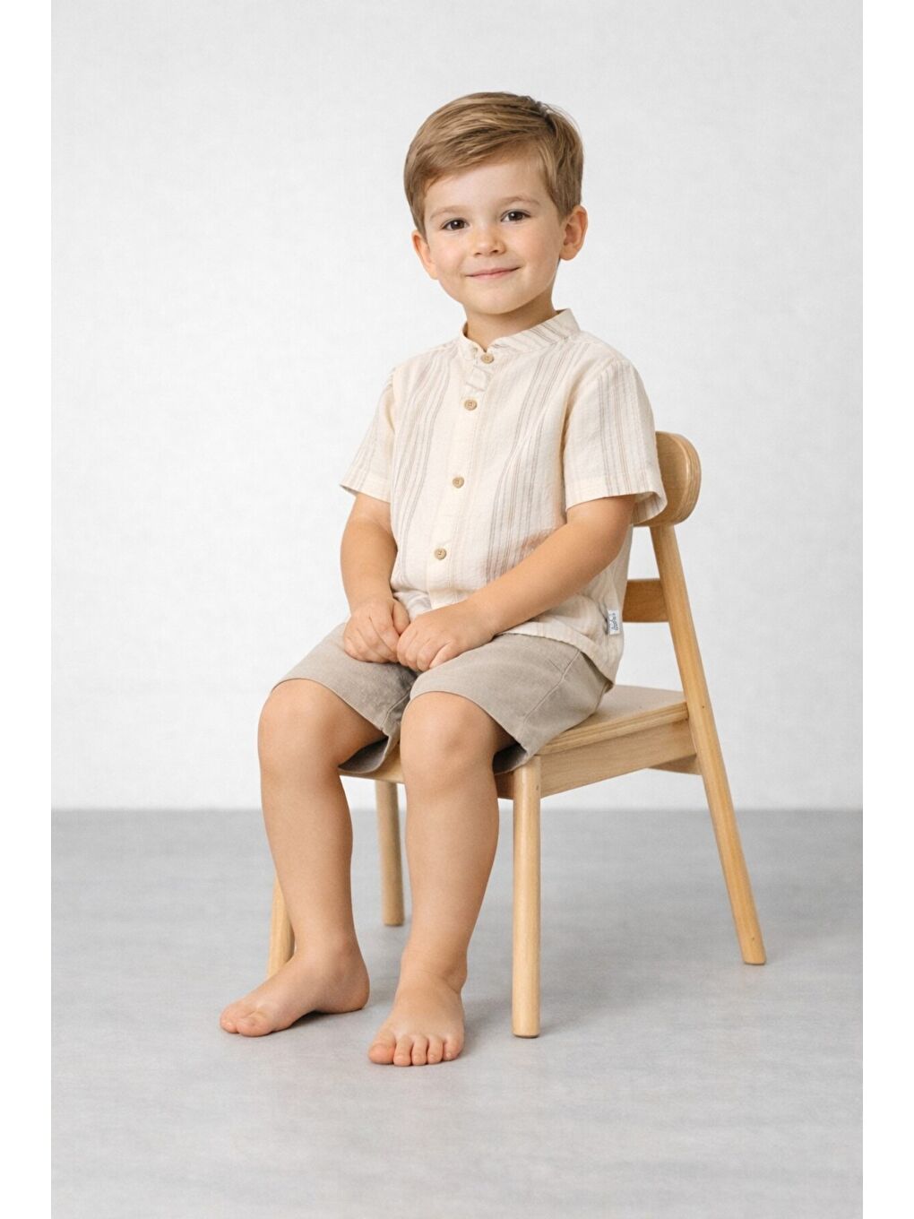 Ekru Tarz Gömlek Çizgi Desenli Belden Ayarlanabilir Kısa Kollu Şortlu 2'li Takım-1