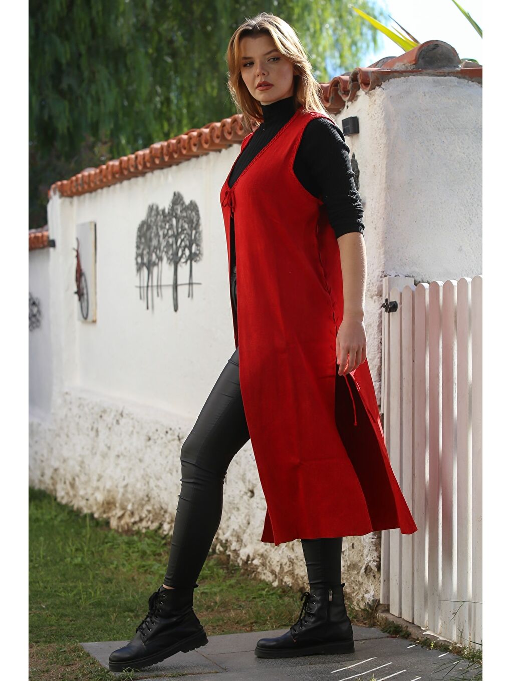 Kırmızı V Yaka Kolsuz Yanları Bağlamalı Casual Uzun Triko Yelek 118 75-3