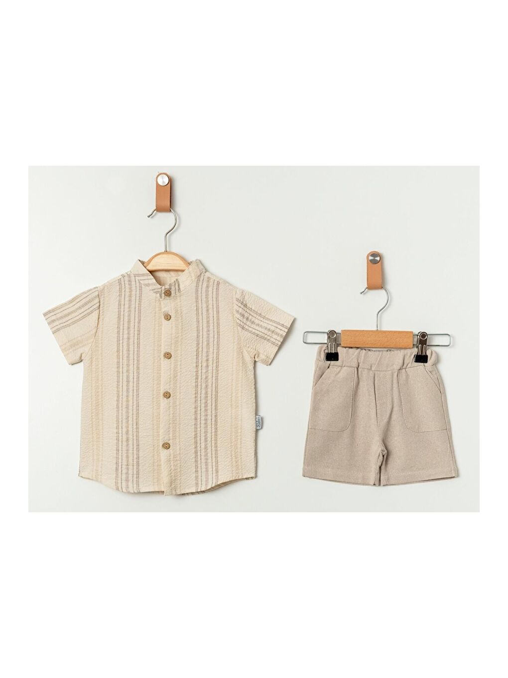 Ekru Tarz Gömlek Çizgi Desenli Belden Ayarlanabilir Kısa Kollu Şortlu 2'li Takım-3