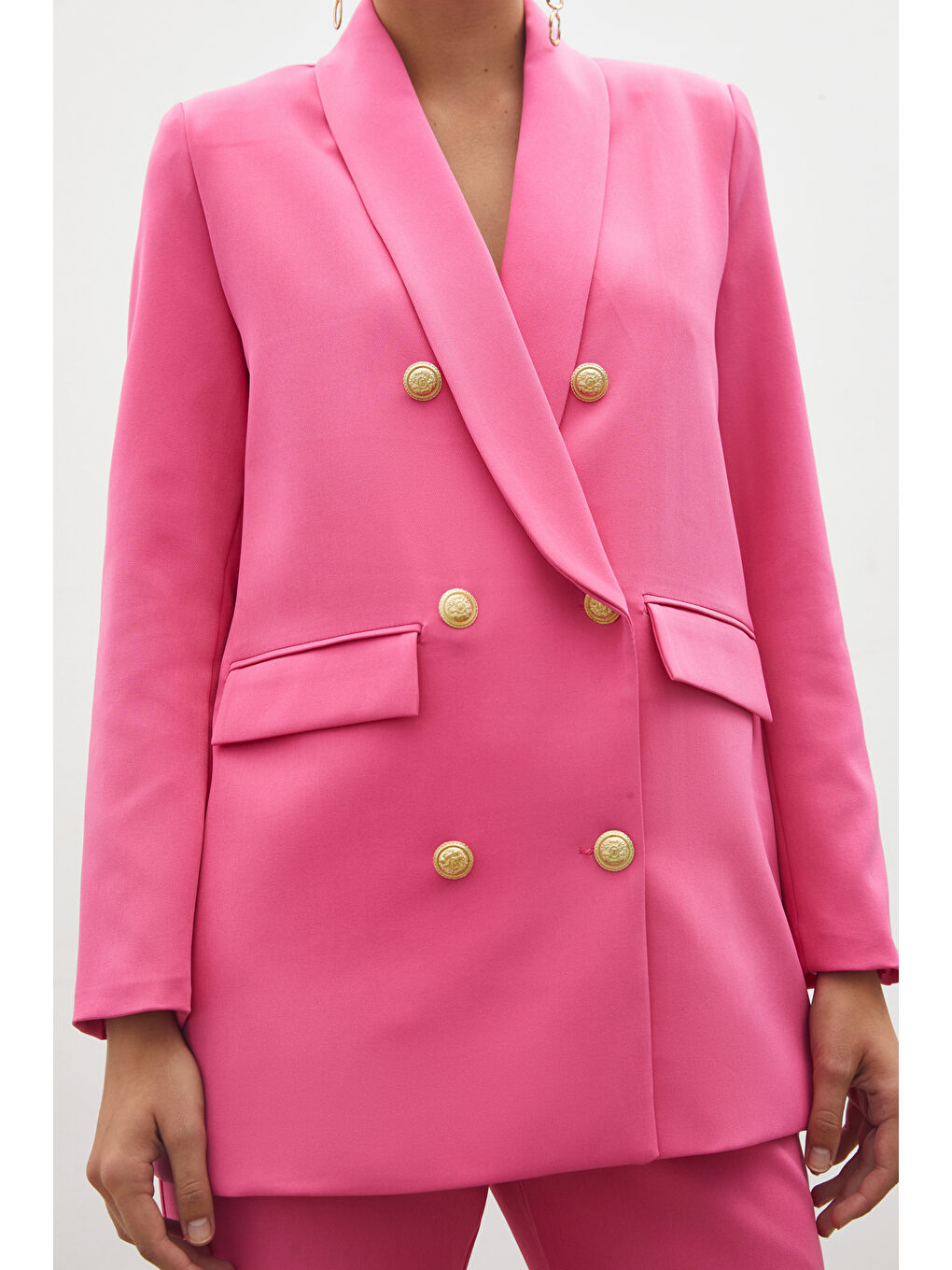 SATEEN Düğme Detaylı Kruvaze Ceket - Pembe - 5