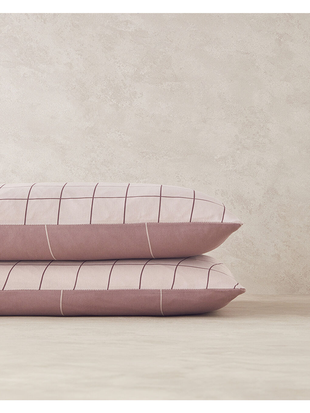 Plain Check Çift Taraflı Kolay Ütülenir 2'li Yastık Kılıfı 50x70 cm Açık Mürdüm-3