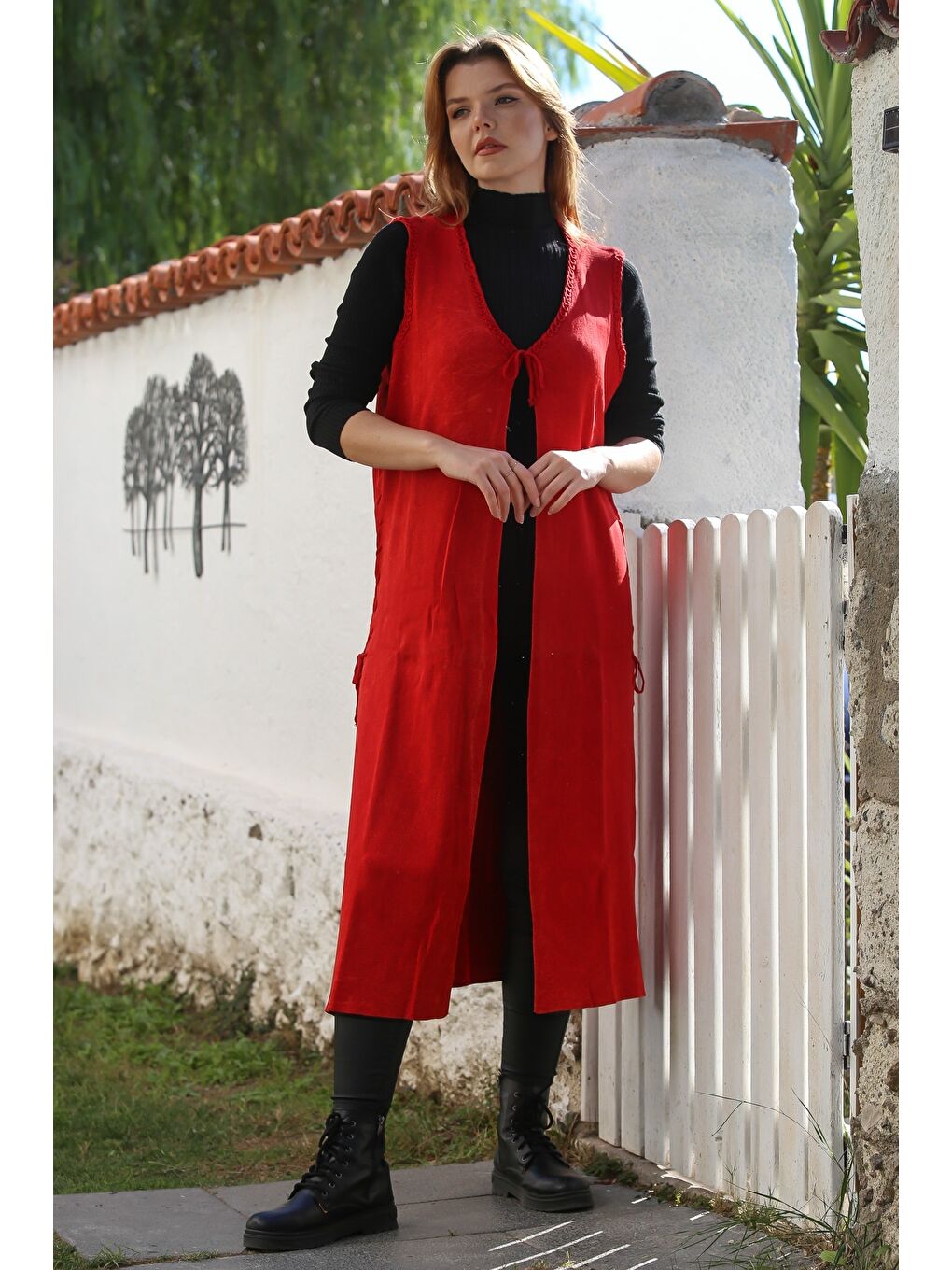 Kırmızı V Yaka Kolsuz Yanları Bağlamalı Casual Uzun Triko Yelek 118 75-4