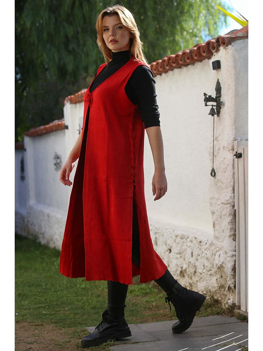 Kırmızı V Yaka Kolsuz Yanları Bağlamalı Casual Uzun Triko Yelek 118 75-5