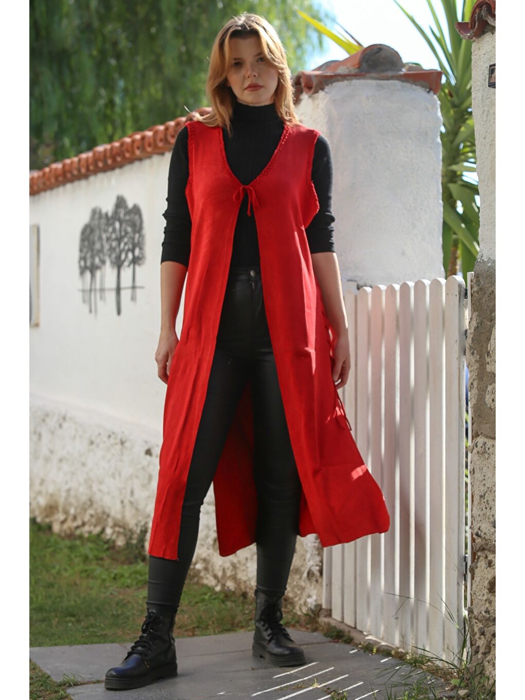 Kırmızı V Yaka Kolsuz Yanları Bağlamalı Casual Uzun Triko Yelek 118 75-6