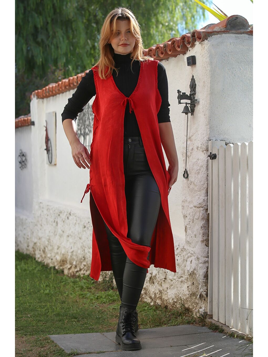 Kırmızı V Yaka Kolsuz Yanları Bağlamalı Casual Uzun Triko Yelek 118 75-7