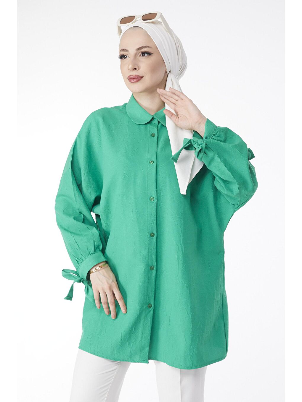 Gömlek Yaka Kadın Yeşil Bilekleri Bağcık Detaylı Salaş Tunik - 24686-1