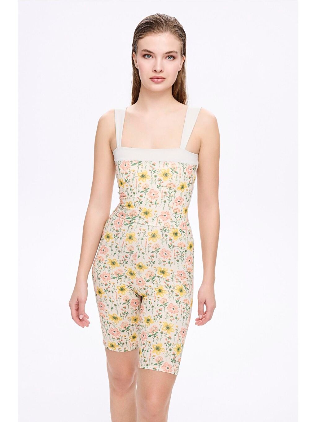 Çiçek Desenli Sarı Renk 3 Parça Yarı Kapalı Mayo - Tulum Takımı 5066-1