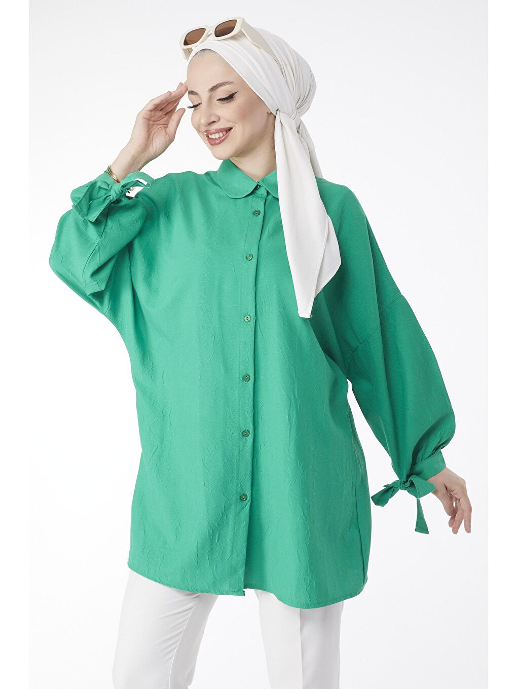 Gömlek Yaka Kadın Yeşil Bilekleri Bağcık Detaylı Salaş Tunik - 24686-3