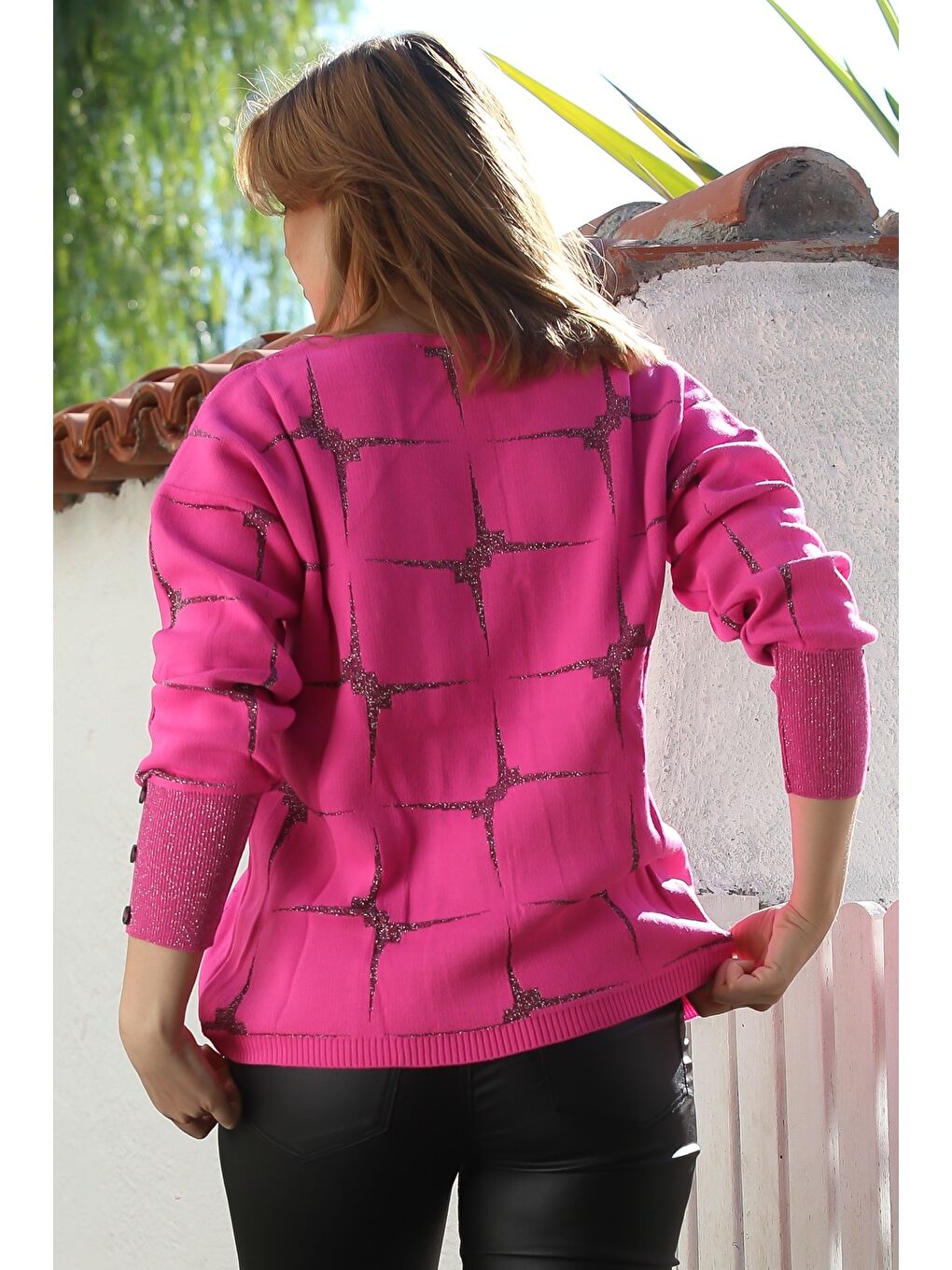 Şeker Pembesi V Yaka Uzun Kol Simli Yıldız Desenli Casual Triko Kazak 63 62-1