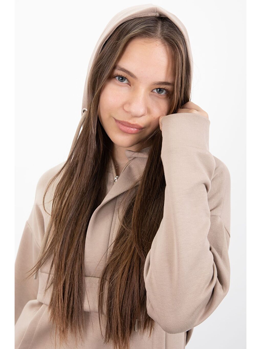 Bej Yarım Fermuarlı Kapüşonlu Kız Çocuk Geniş Paça Eşofman Takımı 23407-3