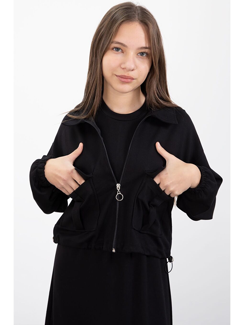 Siyah Fermuarlı Crop Ceketli Sıfır Kol Kız Çocuk Elbise Takımı 23409-1