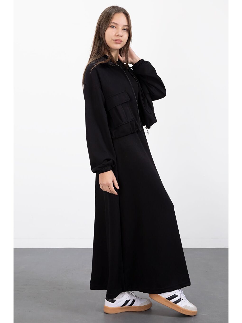 Siyah Fermuarlı Crop Ceketli Sıfır Kol Kız Çocuk Elbise Takımı 23409-2