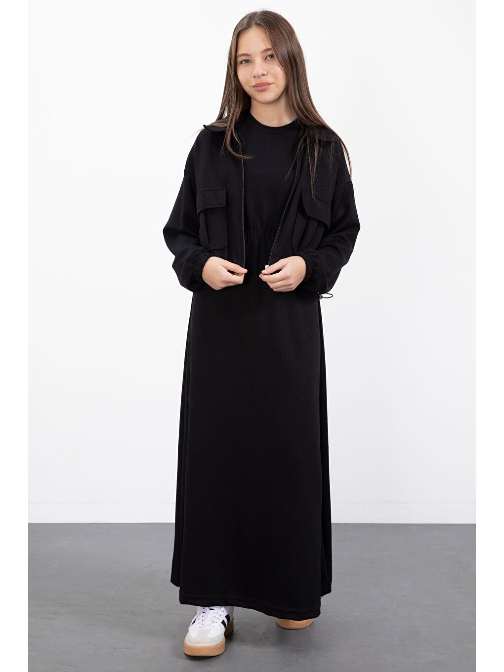 Siyah Fermuarlı Crop Ceketli Sıfır Kol Kız Çocuk Elbise Takımı 23409-3