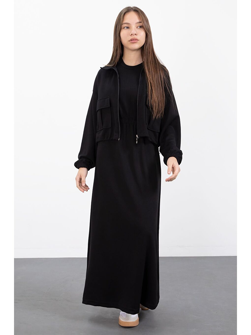 Siyah Fermuarlı Crop Ceketli Sıfır Kol Kız Çocuk Elbise Takımı 23409-4