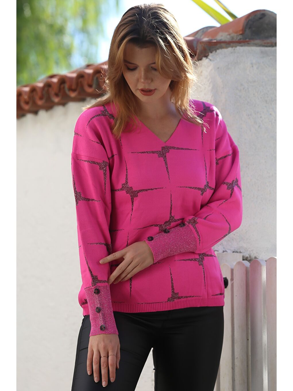Şeker Pembesi V Yaka Uzun Kol Simli Yıldız Desenli Casual Triko Kazak 63 62-3