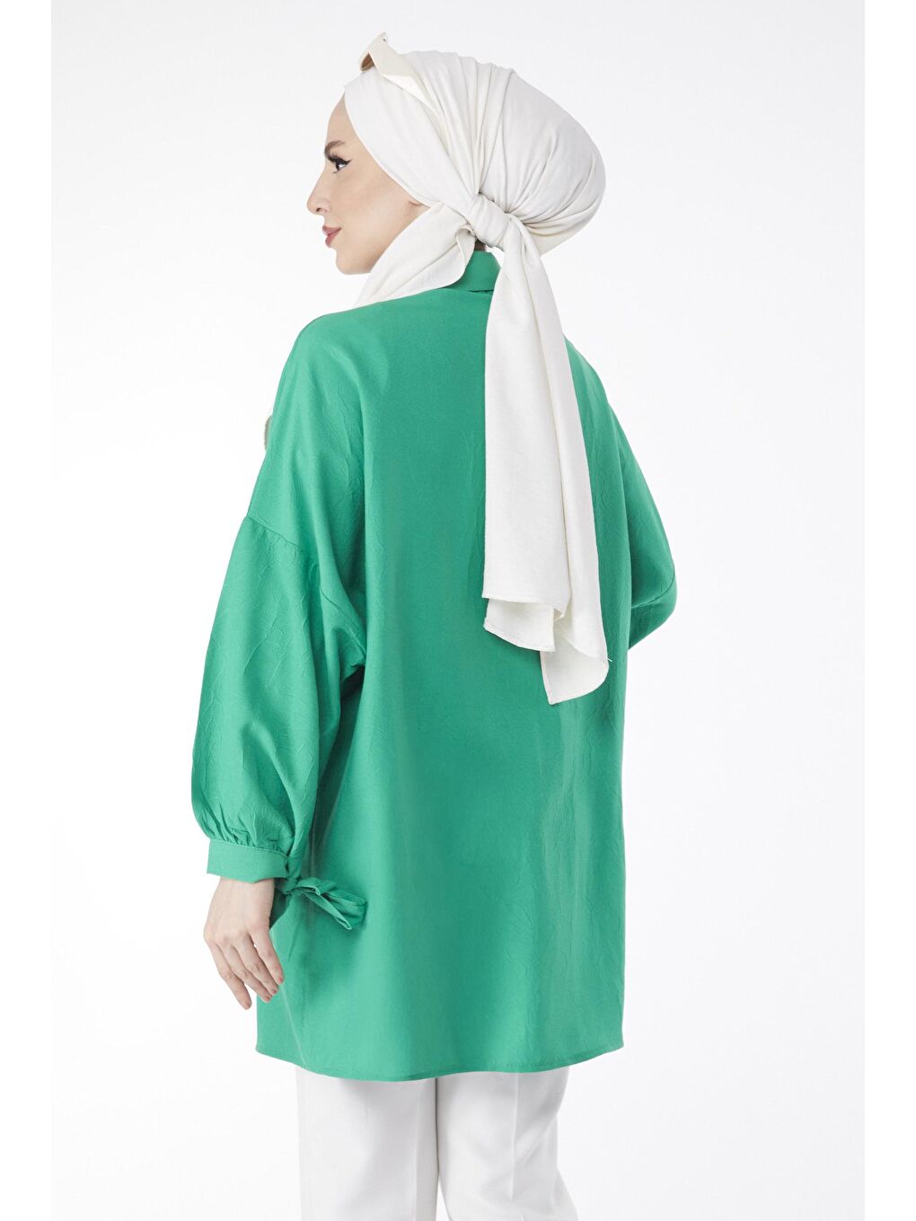 Gömlek Yaka Kadın Yeşil Bilekleri Bağcık Detaylı Salaş Tunik - 24686-5