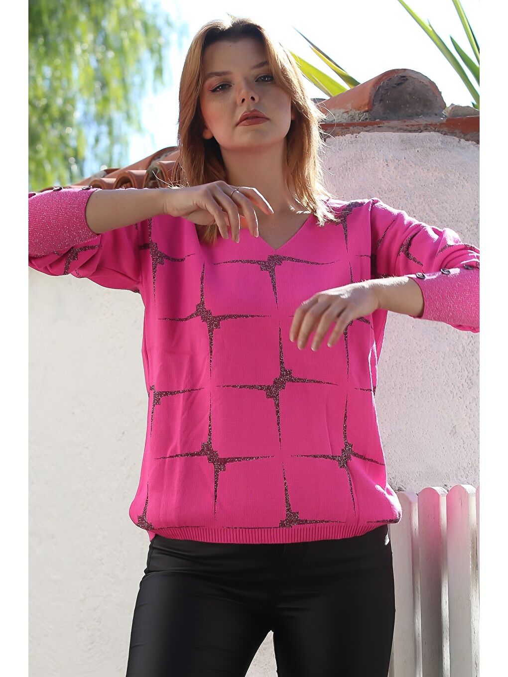 Şeker Pembesi V Yaka Uzun Kol Simli Yıldız Desenli Casual Triko Kazak 63 62-4