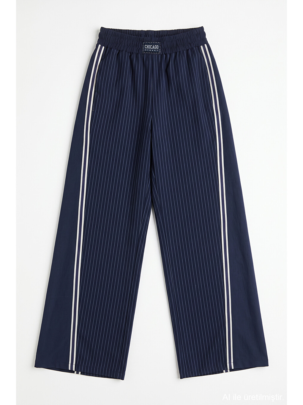 Çizgili Yan Şeritli Bol Paça Pantolon Lacivert-1