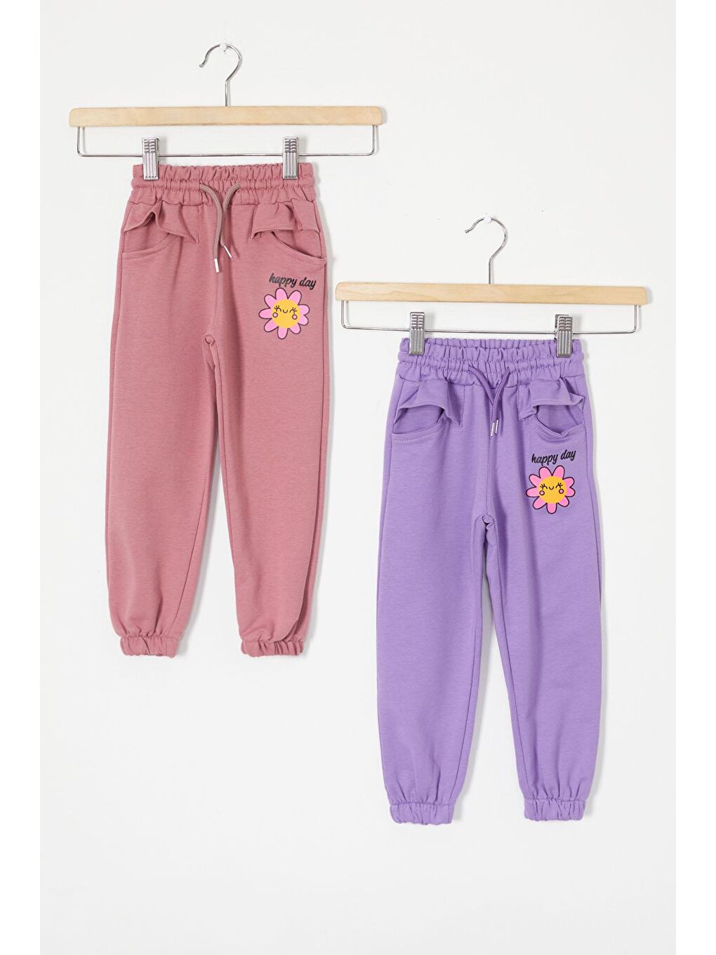 Kız Çocuk Papatya Baskılı Beli Lastikli 2'li Eşofman Altı Lila-Gül Kurusu 18394