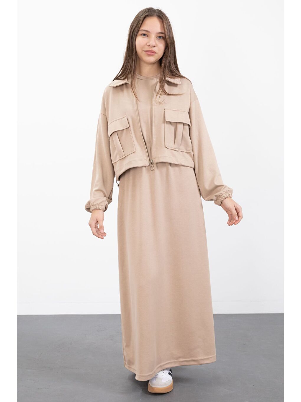 Bej Fermuarlı Crop Ceketli Sıfır Kol Kız Çocuk Elbise Takımı 23411-1