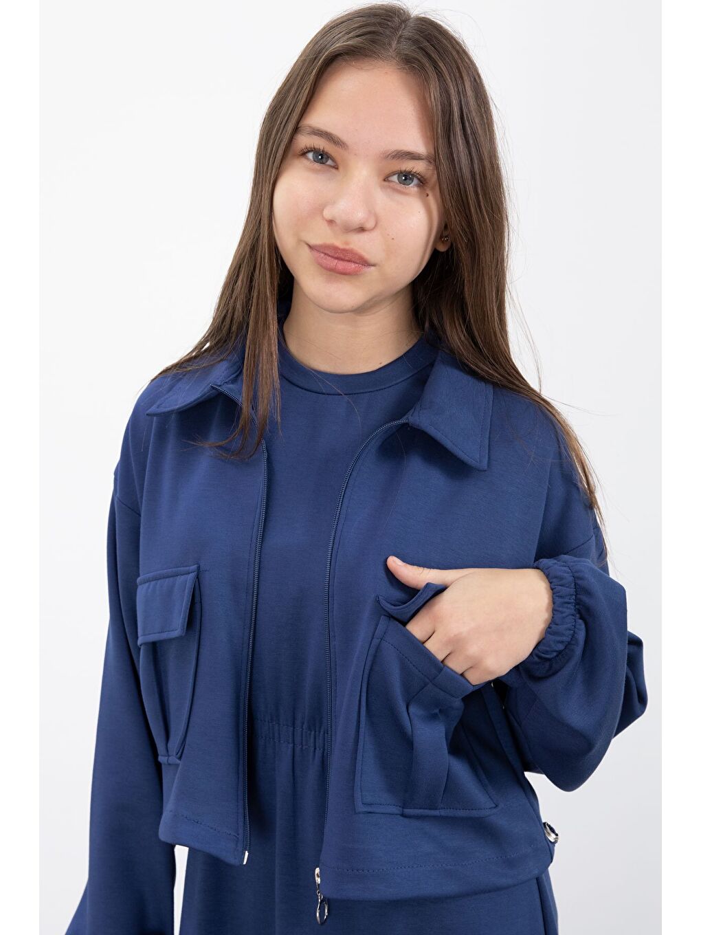 Lacivert Fermuarlı Crop Ceketli Sıfır Kol Kız Çocuk Elbise Takımı 23410-1