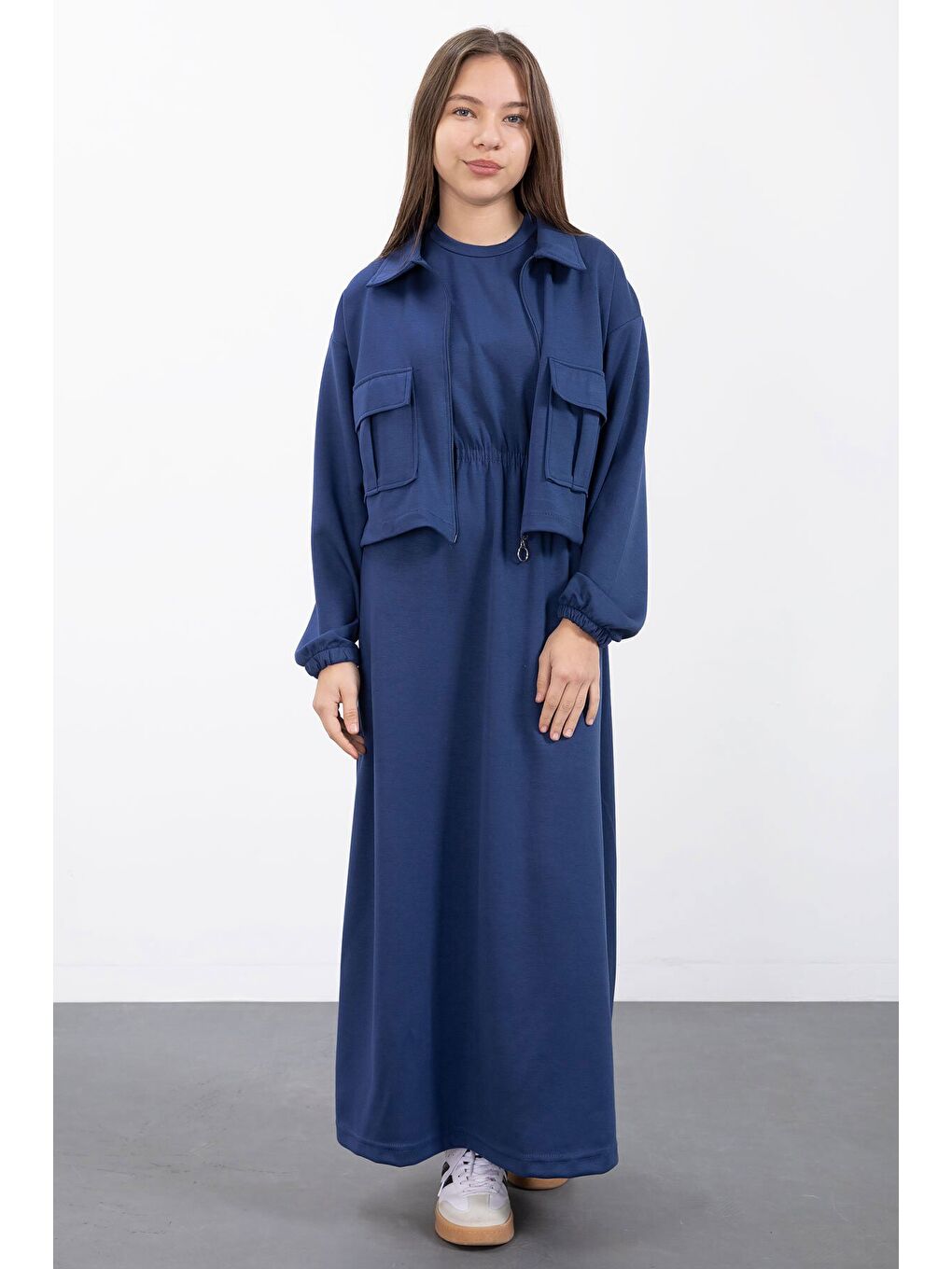 Lacivert Fermuarlı Crop Ceketli Sıfır Kol Kız Çocuk Elbise Takımı 23410-2