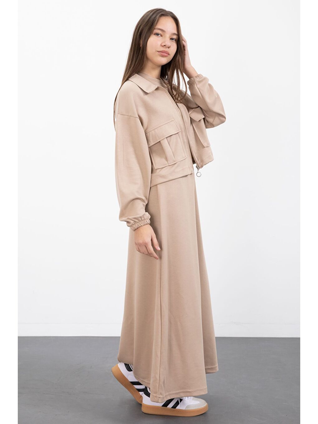 Bej Fermuarlı Crop Ceketli Sıfır Kol Kız Çocuk Elbise Takımı 23411-2