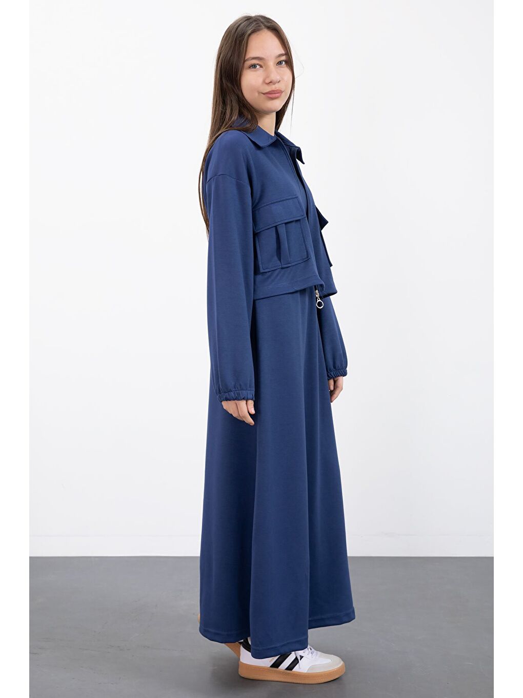 Lacivert Fermuarlı Crop Ceketli Sıfır Kol Kız Çocuk Elbise Takımı 23410-3