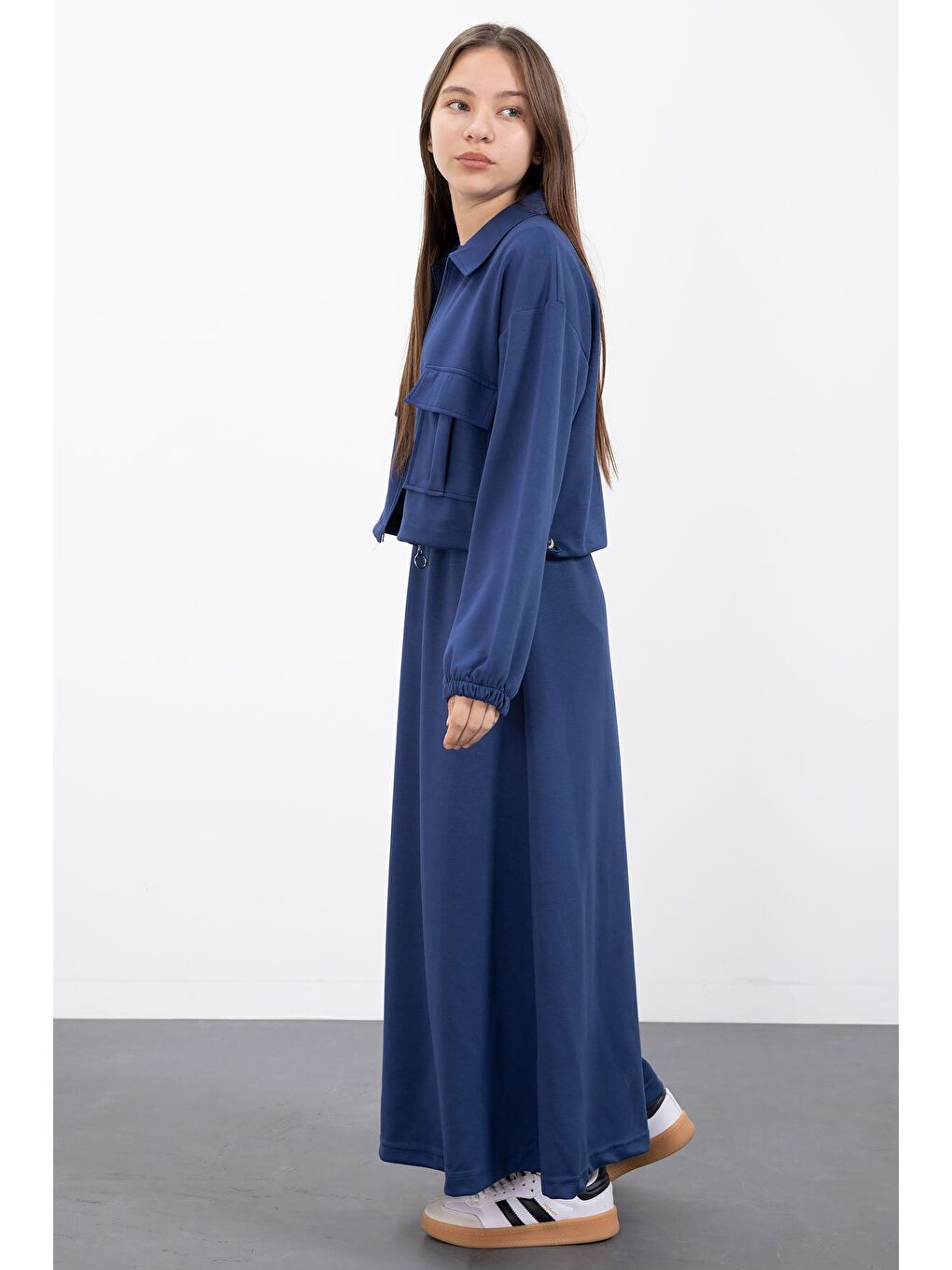 Lacivert Fermuarlı Crop Ceketli Sıfır Kol Kız Çocuk Elbise Takımı 23410-4