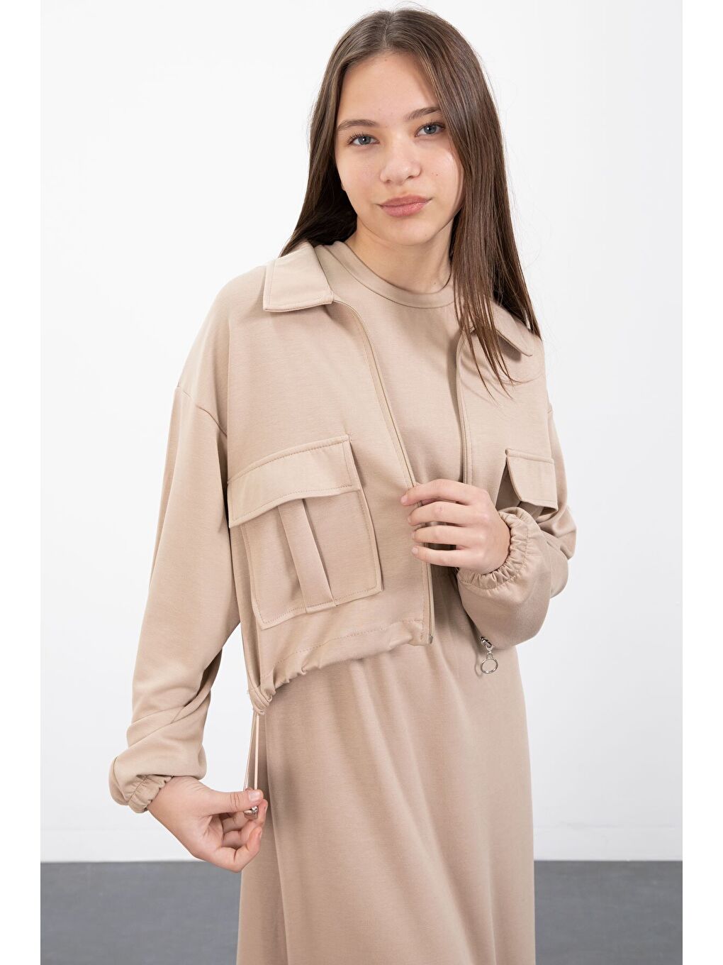 Bej Fermuarlı Crop Ceketli Sıfır Kol Kız Çocuk Elbise Takımı 23411-3