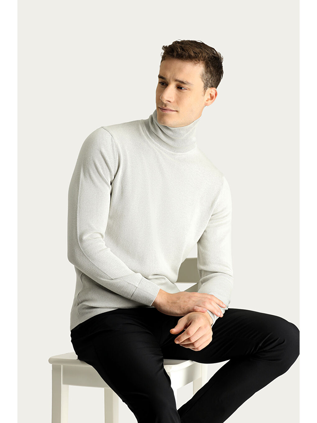 Bej Balıkçı Yaka Regular Fit Pamuklu Triko Büyük Beden Kazak