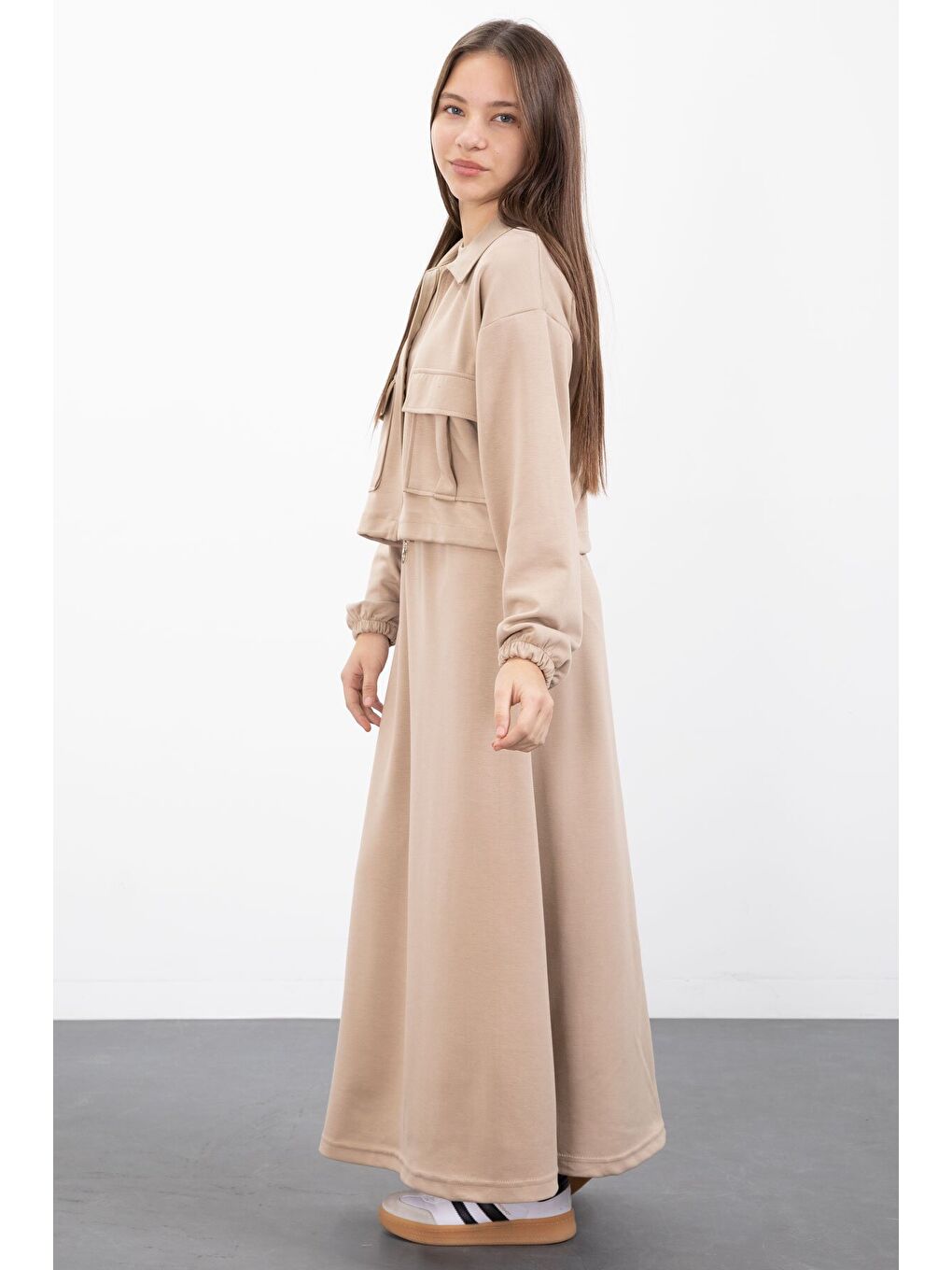 Bej Fermuarlı Crop Ceketli Sıfır Kol Kız Çocuk Elbise Takımı 23411-4