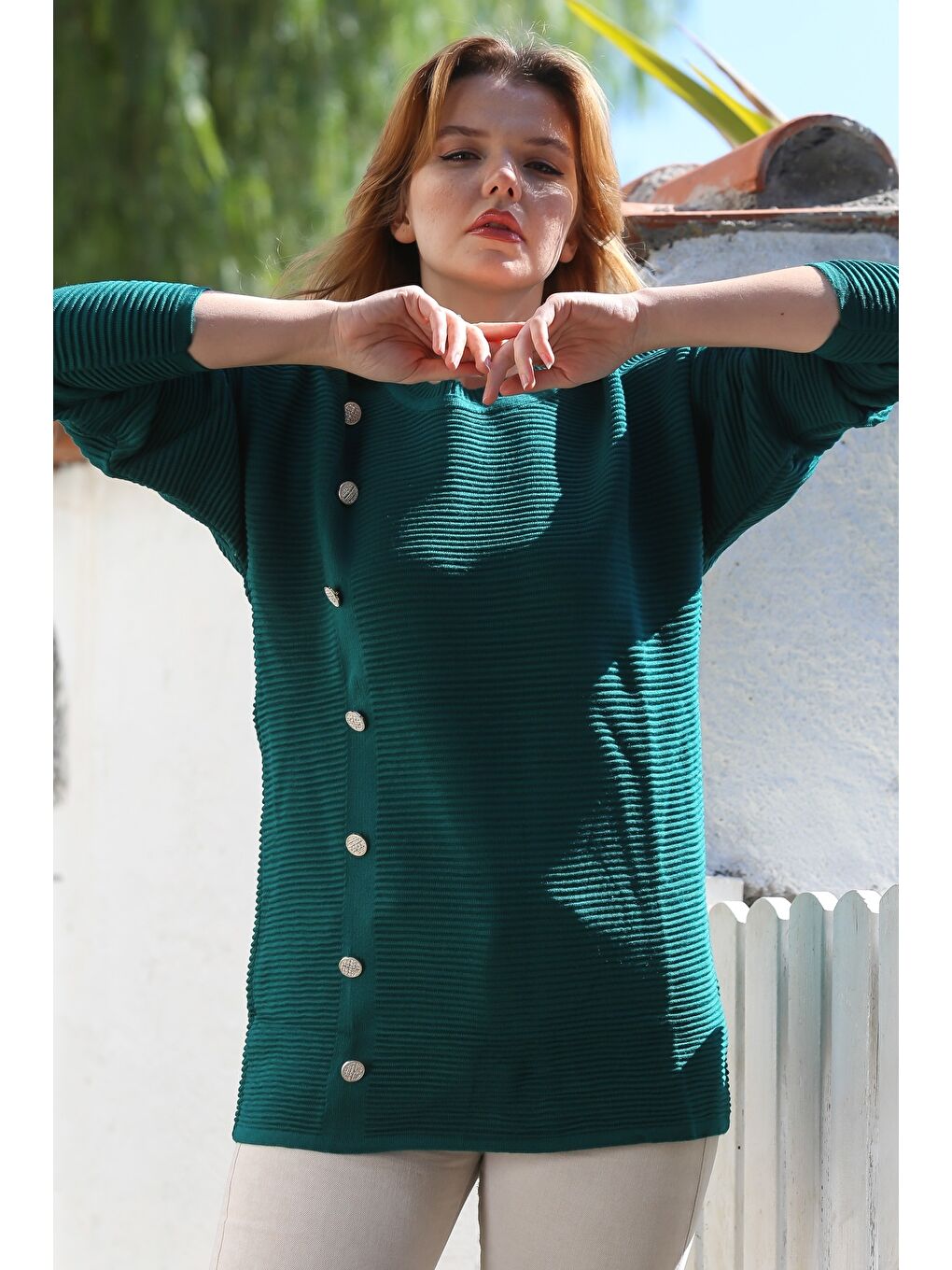 Koyu Yeşil Yuvarlak Yaka Uzun Kol Düğmeli Casual Uzun Triko Kazak 79 64-3