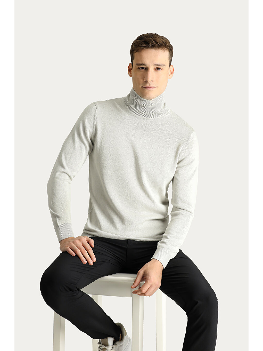 Bej Balıkçı Yaka Regular Fit Pamuklu Triko Büyük Beden Kazak-1