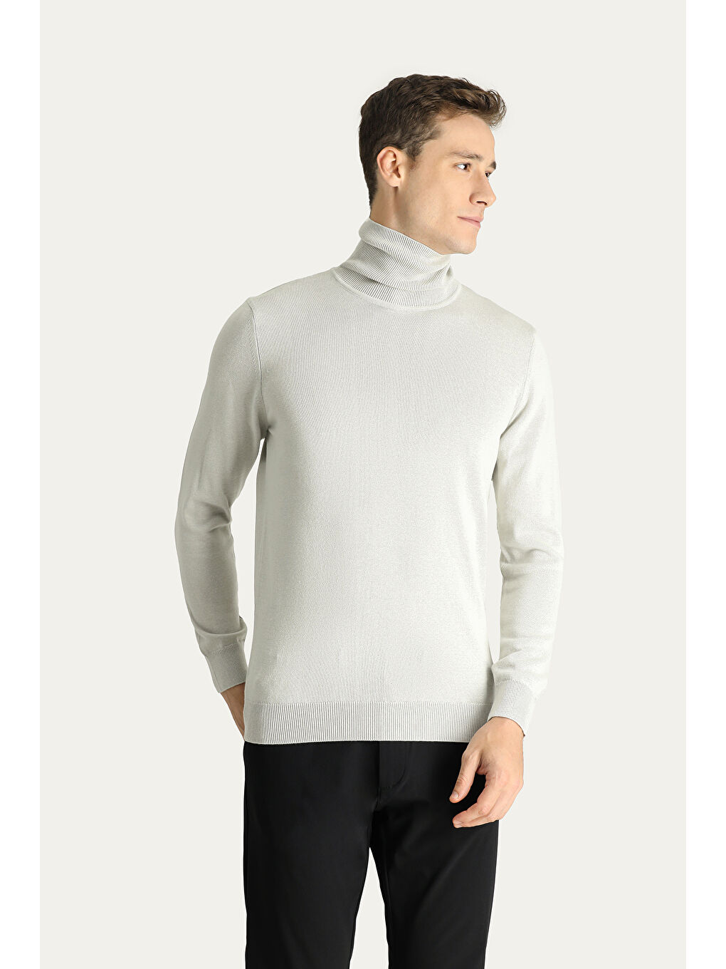 Bej Balıkçı Yaka Regular Fit Pamuklu Triko Büyük Beden Kazak-2