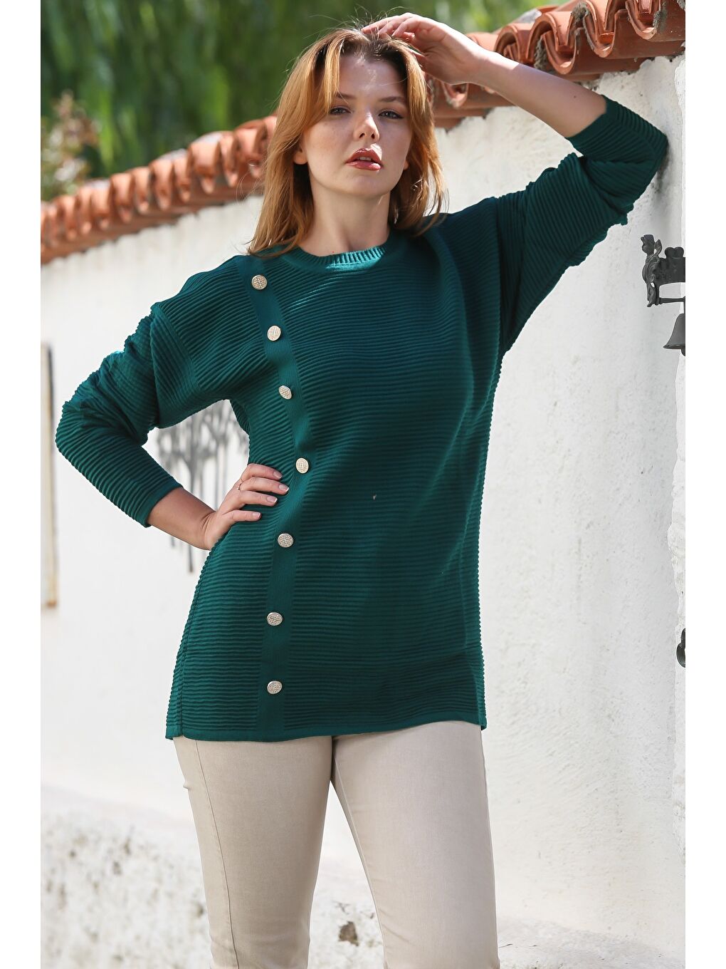 Koyu Yeşil Yuvarlak Yaka Uzun Kol Düğmeli Casual Uzun Triko Kazak 79 64-5
