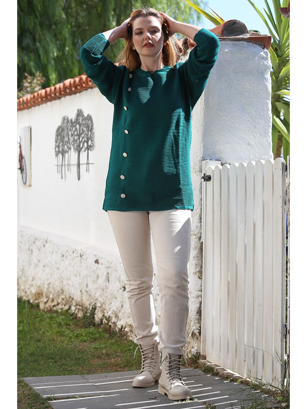 Koyu Yeşil Yuvarlak Yaka Uzun Kol Düğmeli Casual Uzun Triko Kazak 79 64-6