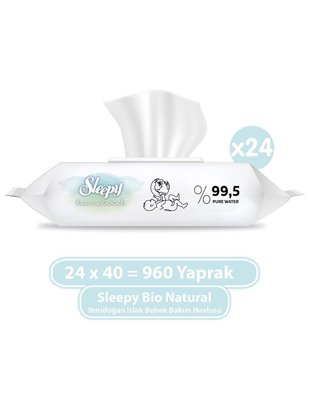 Sleepy Beyaz Bio Natural Yenidoğan Islak Bebek Bakım Havlusu 24x40 (960 Yaprak)