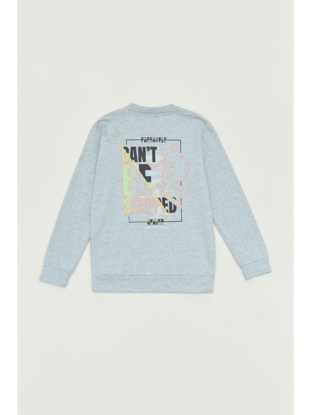 Gri Önü Ve Arkası Baskılı Bisiklet Yaka Erkek Çocuk Sweatshirt-1