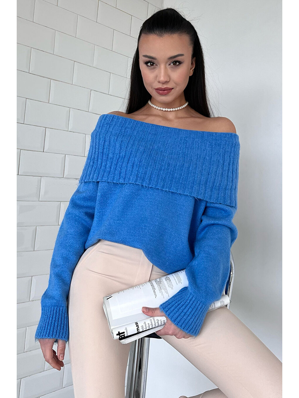 İndigo Madonna Yaka Kadın Triko Kazak