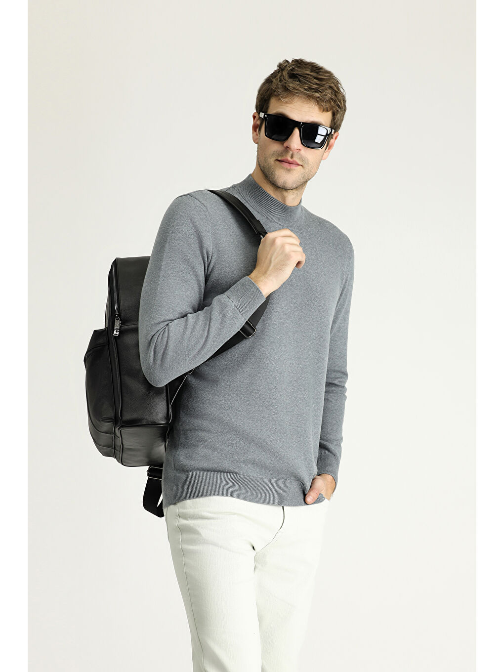 Gri Bato Yaka Regular Fit Pamuklu Triko Büyük Beden Kazak