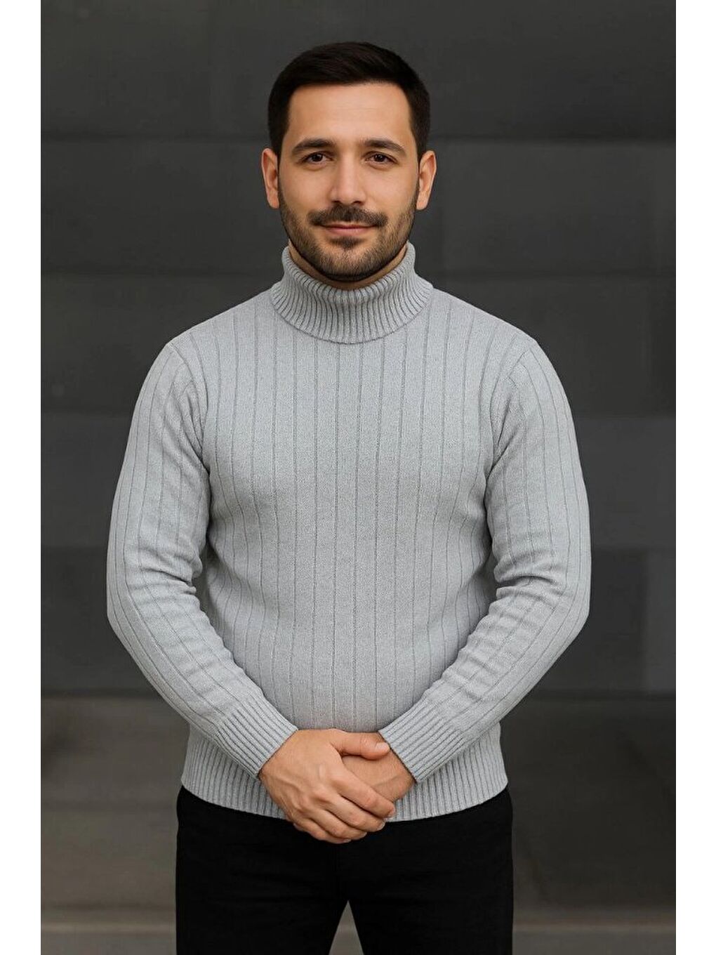 Gri Erkek Balıkcı Yaka Bağazlı Triko Kazak