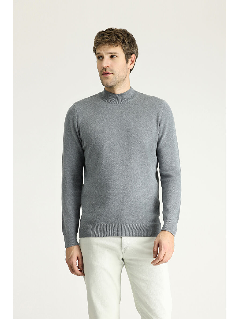 Gri Bato Yaka Regular Fit Pamuklu Triko Büyük Beden Kazak-2