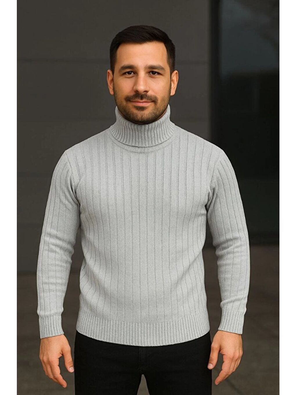 Gri Erkek Balıkcı Yaka Bağazlı Triko Kazak-1