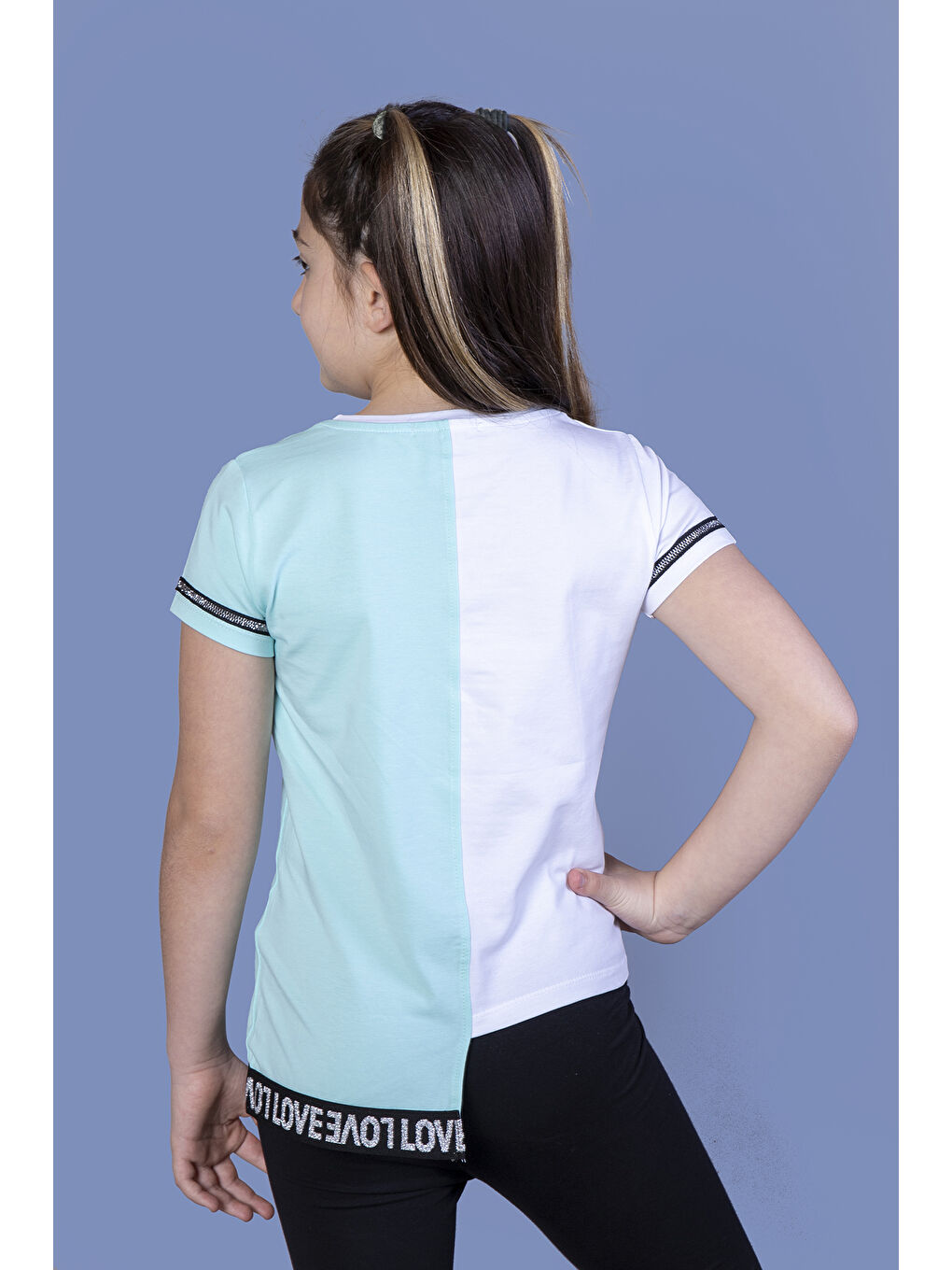 Yeşil Kız Çocuk Paris Baskılı Şeritli Tişört-1