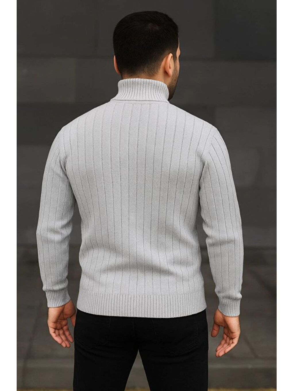 Gri Erkek Balıkcı Yaka Bağazlı Triko Kazak-2