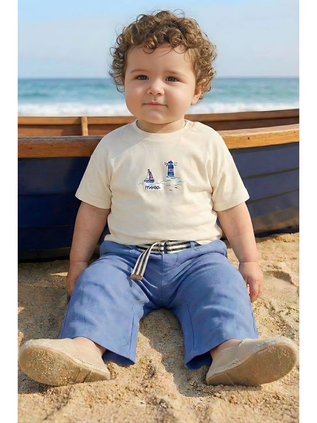 Erkek Bebek Nakışlı T-Shirt  - Ekru-1